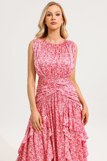 Vestido largo con volantes florales y cuello redondo 