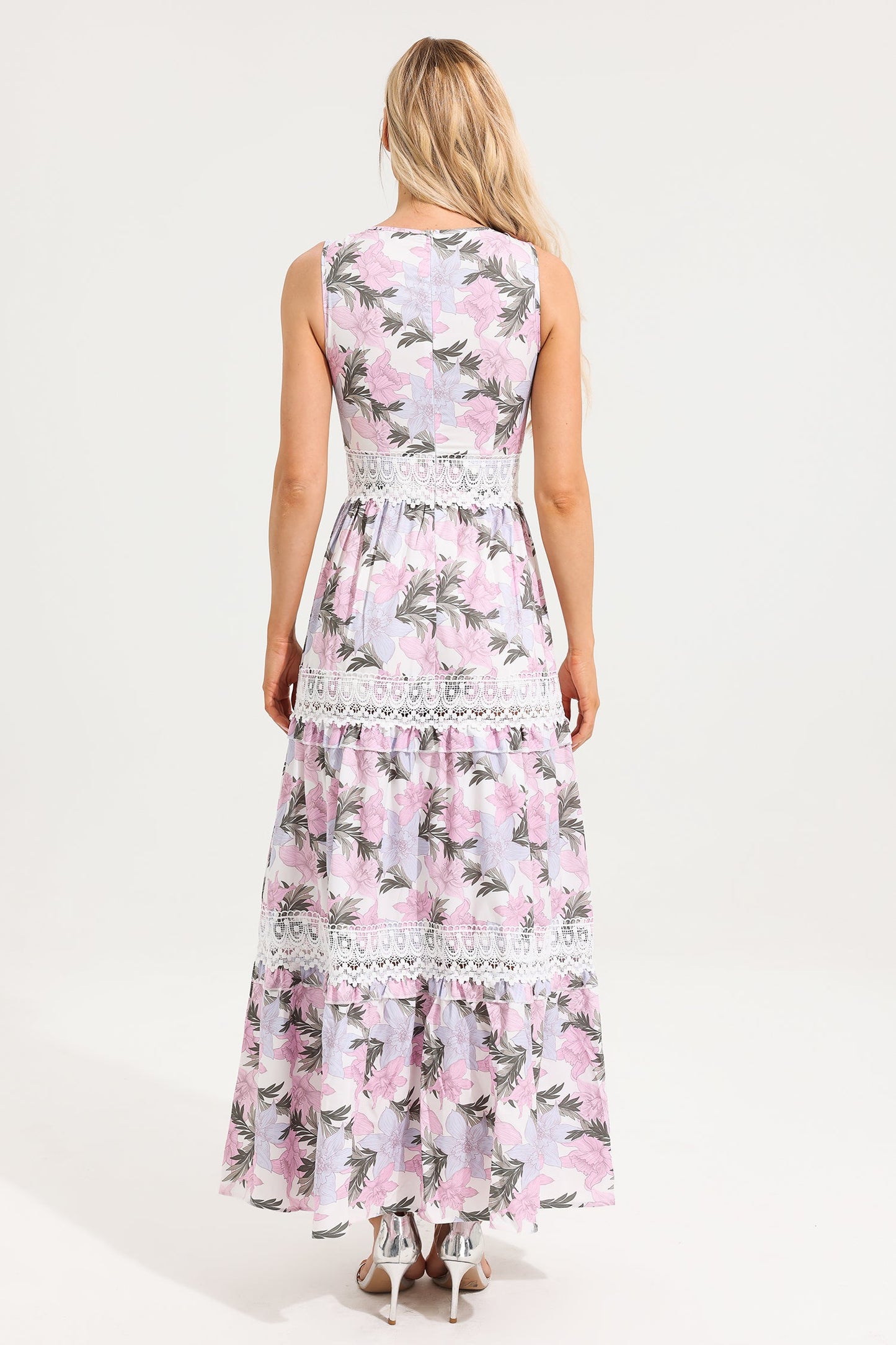 Vestido largo sin mangas con escote en V y encaje floral 