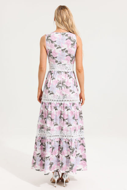 Vestido largo sin mangas con escote en V y encaje floral 