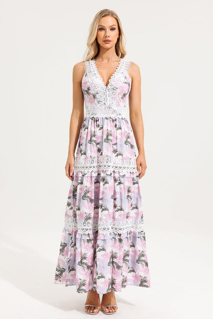 Vestido largo sin mangas con escote en V y encaje floral 