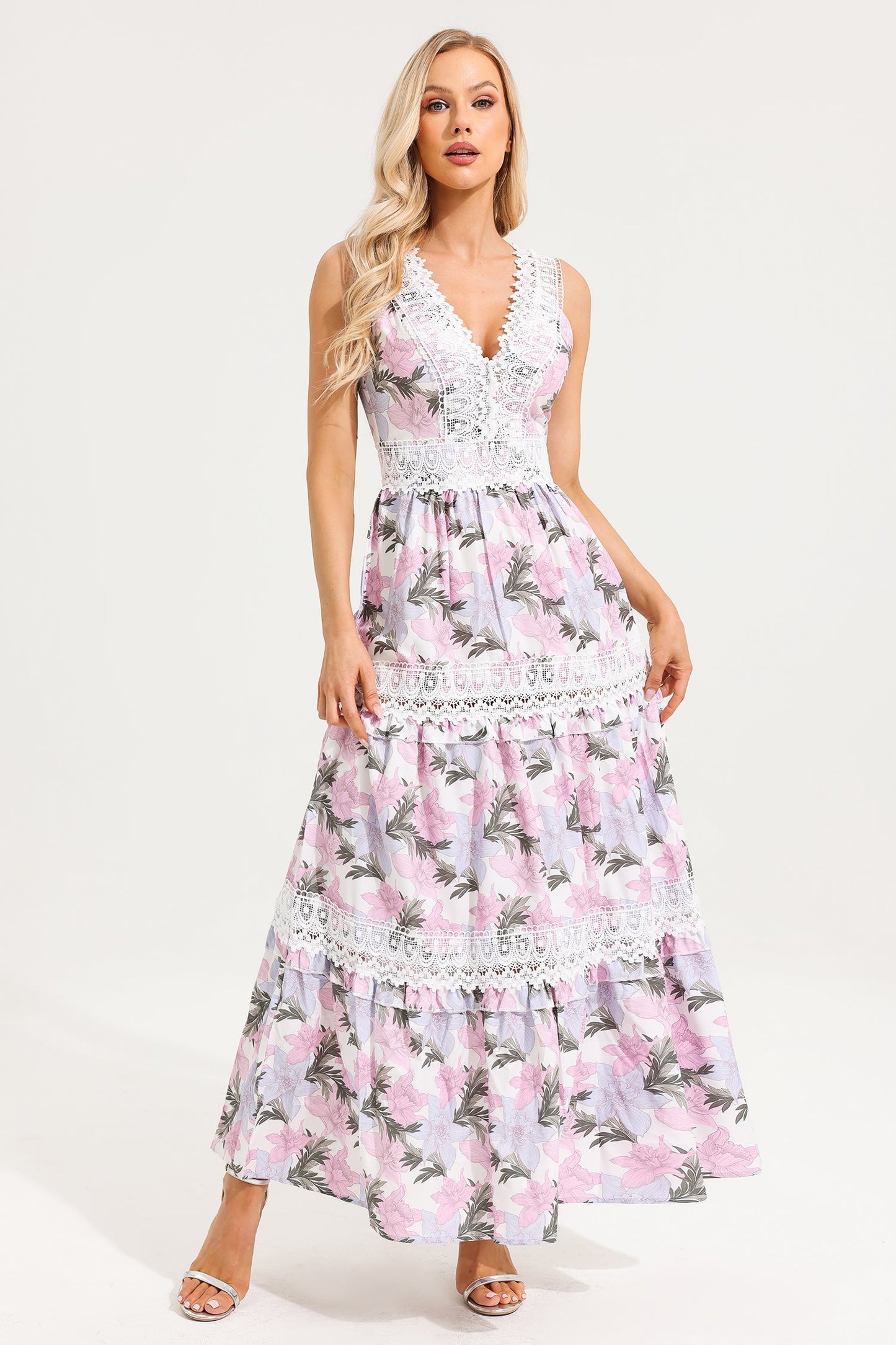 Vestido largo sin mangas con escote en V y encaje floral 