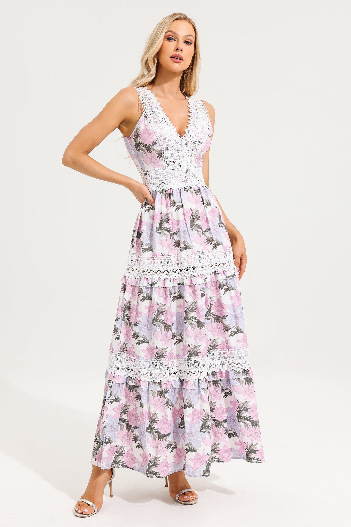 Vestido largo sin mangas con escote en V y encaje floral 