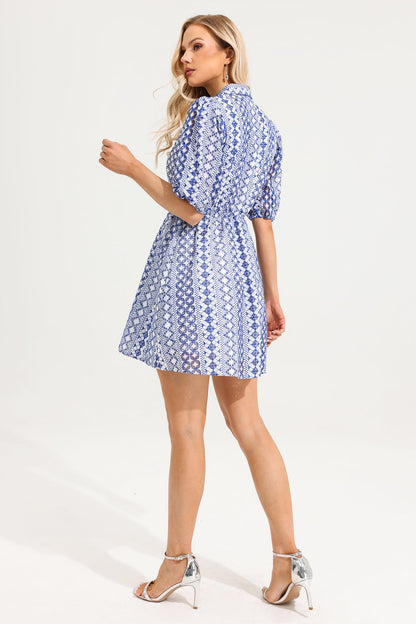 Minivestido con cuello en V y mangas abullonadas bordadas 