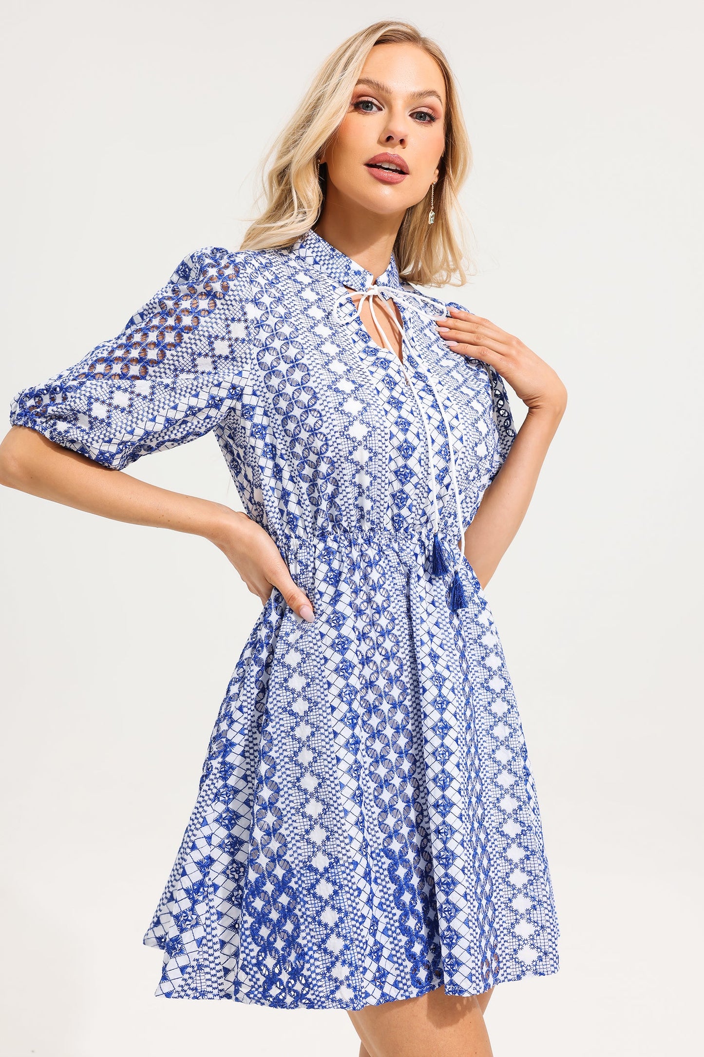 Minivestido con cuello en V y mangas abullonadas bordadas 