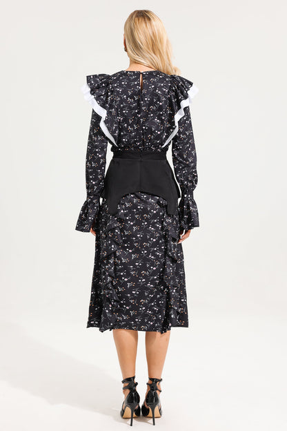 Vestido midi con mangas abullonadas y volantes florales con cinturón 