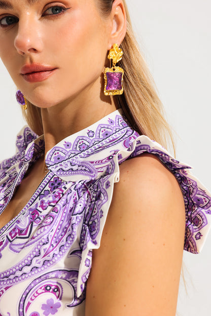 Pendientes y collar de acrílico morado cuadrado dimensional en tono dorado