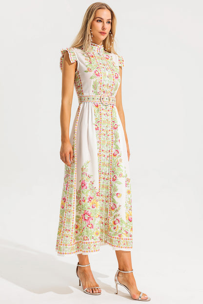 Vestido midi floral con cuello alto, sin mangas, botones y cinturón 