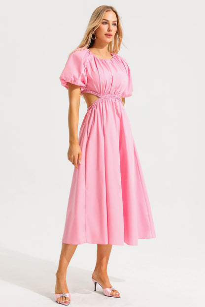 Vestido midi rosa con mangas abullonadas y capuchina 