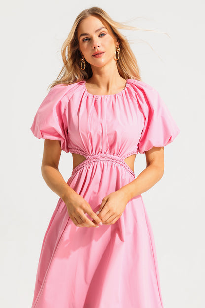 Vestido midi rosa con mangas abullonadas y capuchina 