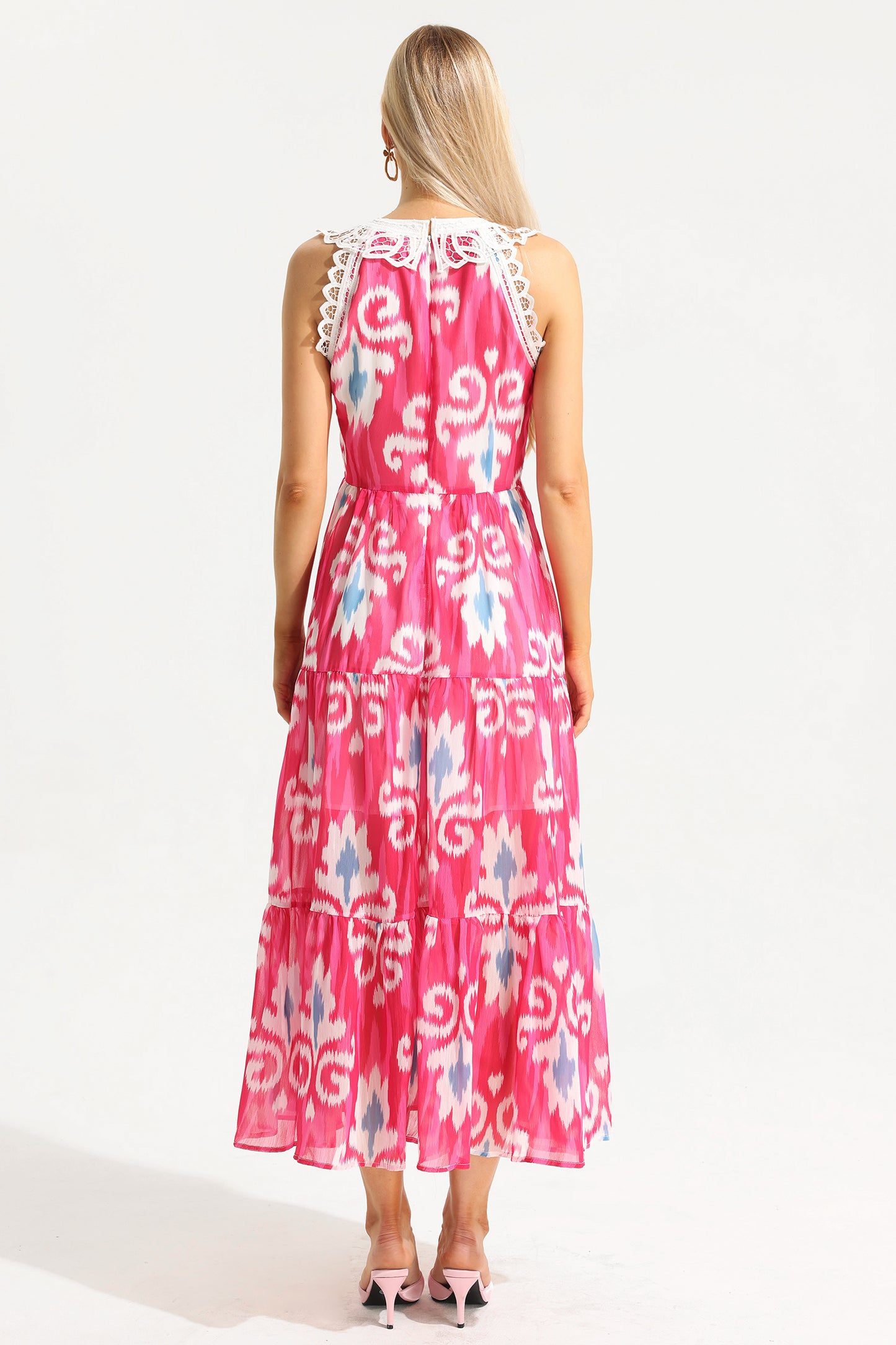 Vestido midi de cuello redondo sin mangas con estampado abstracto de encaje 