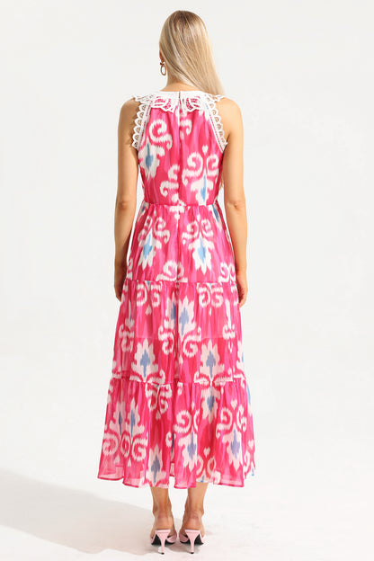 Vestido midi de cuello redondo sin mangas con estampado abstracto de encaje 