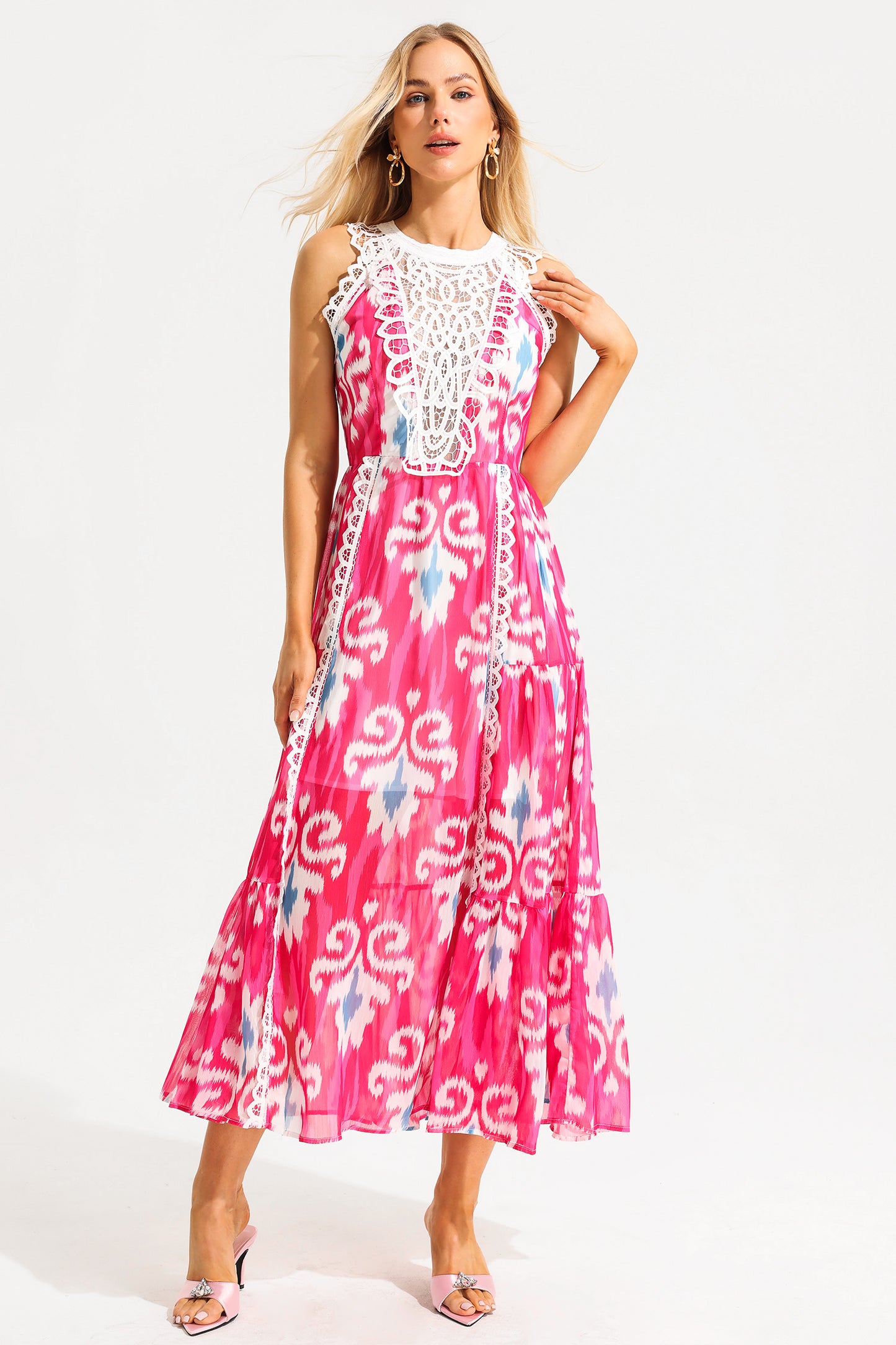 Vestido midi de cuello redondo sin mangas con estampado abstracto de encaje 