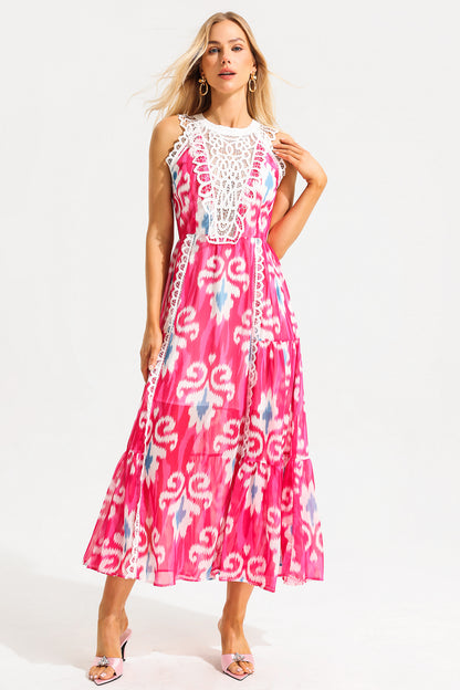 Vestido midi de cuello redondo sin mangas con estampado abstracto de encaje 