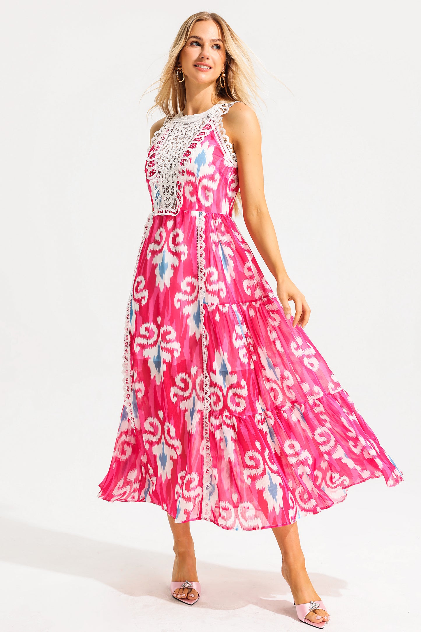 Vestido midi de cuello redondo sin mangas con estampado abstracto de encaje 