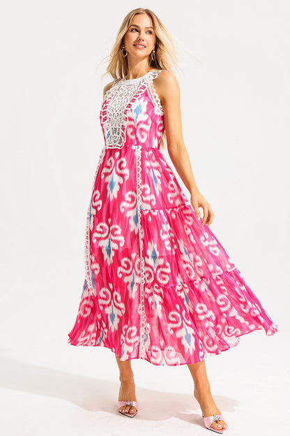 Vestido midi de cuello redondo sin mangas con estampado abstracto de encaje 