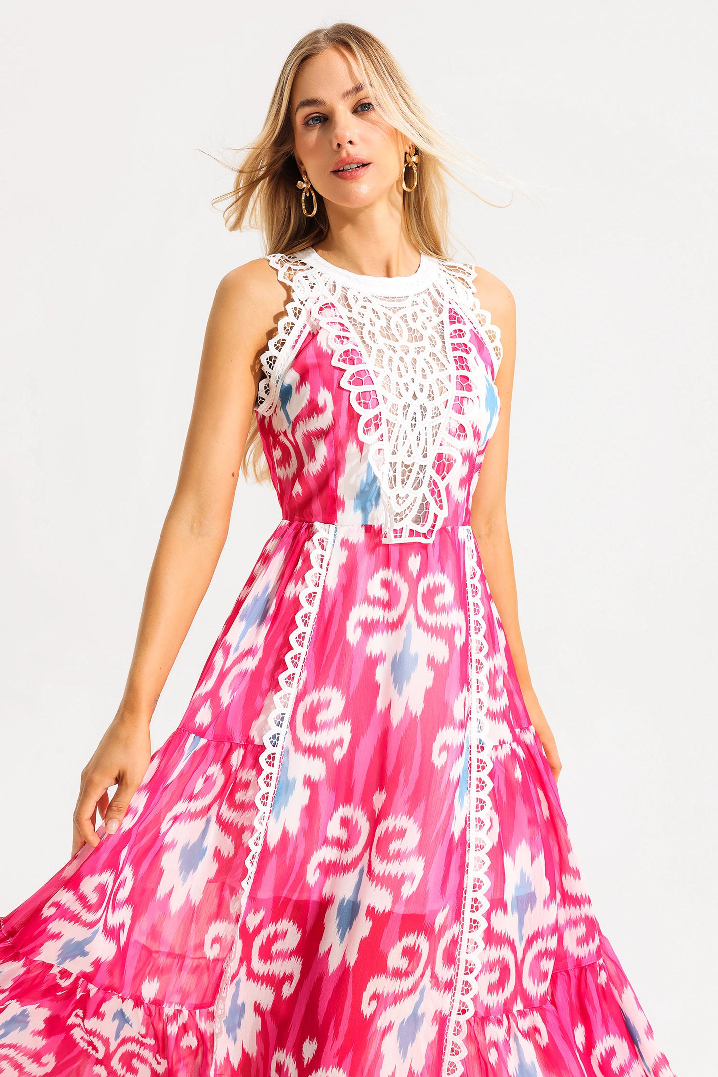 Vestido midi de cuello redondo sin mangas con estampado abstracto de encaje 