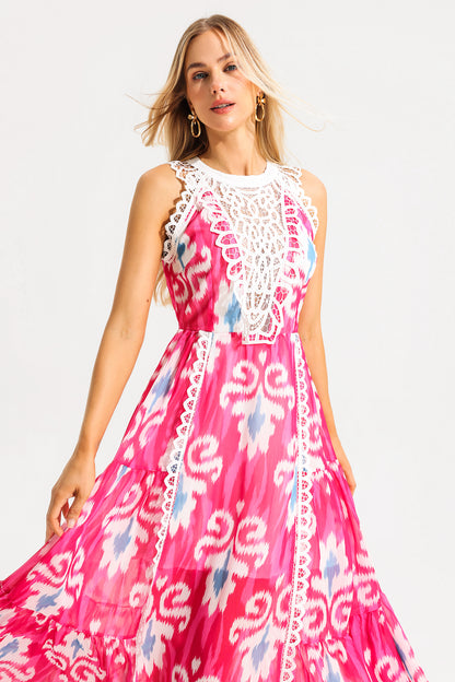 Vestido midi de cuello redondo sin mangas con estampado abstracto de encaje 