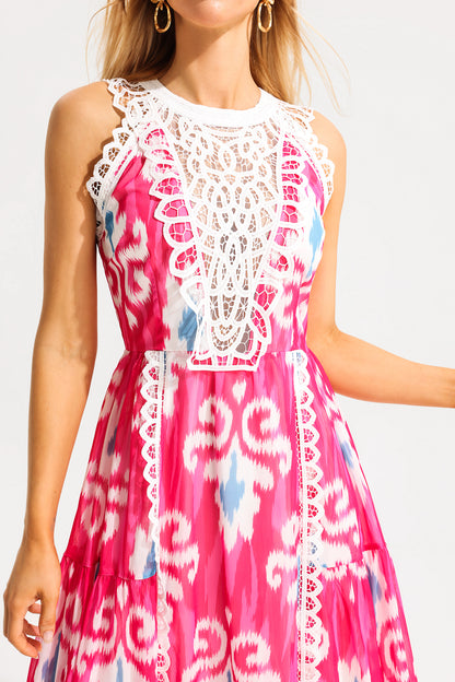 Vestido midi de cuello redondo sin mangas con estampado abstracto de encaje 