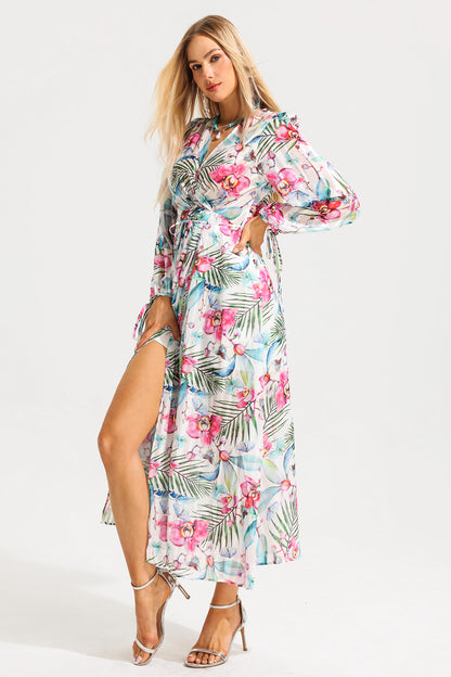 Vestido midi con cuello en V y mangas farol con estampado floral