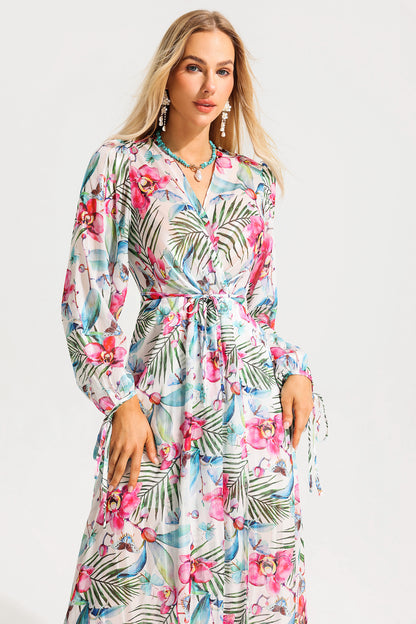 Vestido midi con cuello en V y mangas farol con estampado floral