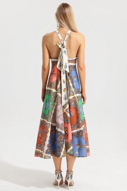 Vestido midi con cuello halter y estampado paisley 