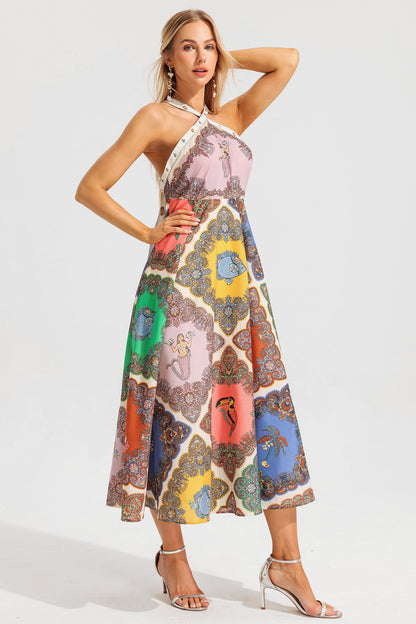 Vestido midi con cuello halter y estampado paisley 