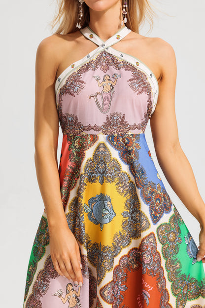 Vestido midi con cuello halter y estampado paisley 