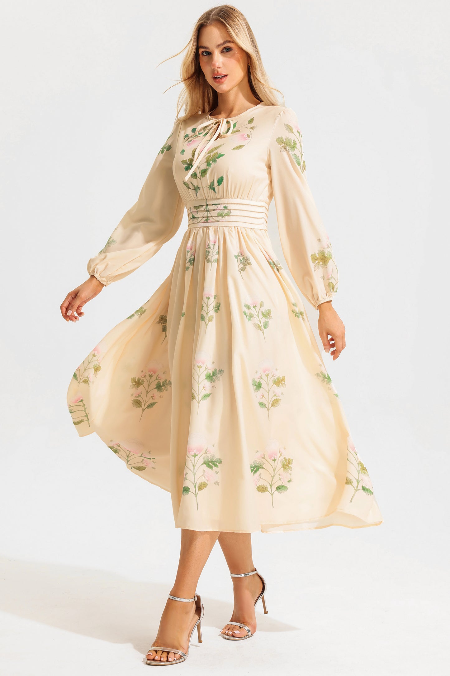 Vestido largo floral de manga larga y cuello redondo