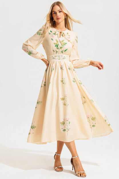 Vestido largo floral de manga larga y cuello redondo