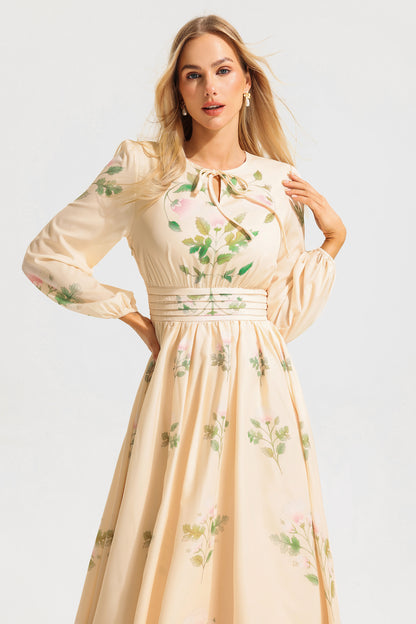 Vestido largo floral de manga larga y cuello redondo