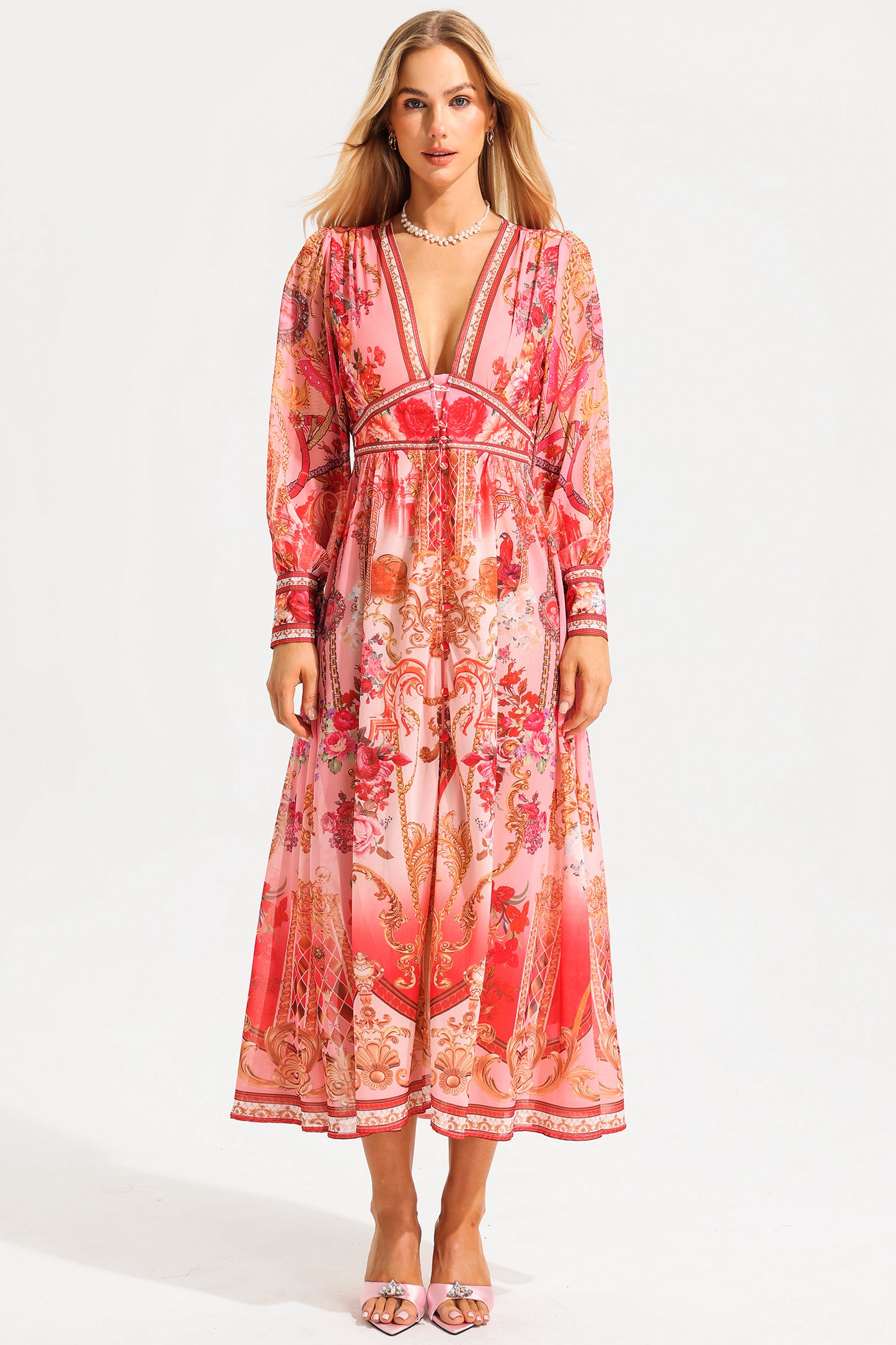 Vestido midi con cuello en V, mangas farol y estampado paisley 