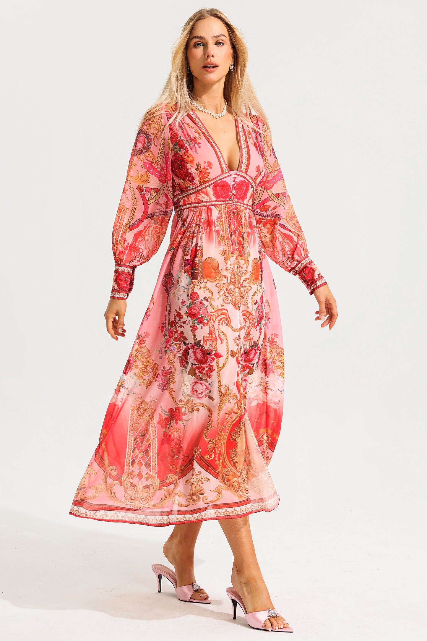 Vestido midi con cuello en V, mangas farol y estampado paisley 