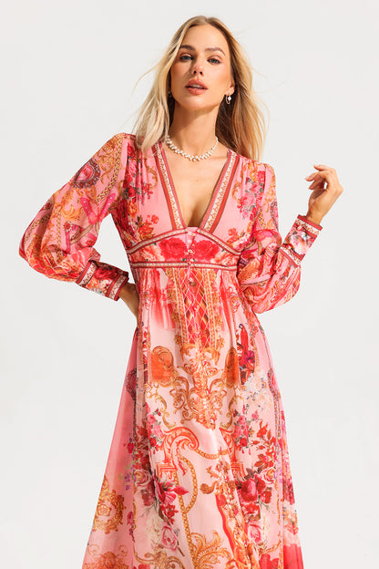 Vestido midi con cuello en V, mangas farol y estampado paisley 