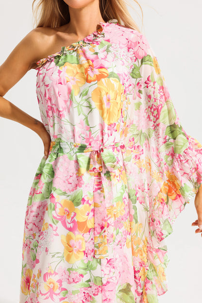 Vestido midi asimétrico de un solo hombro con volantes florales 