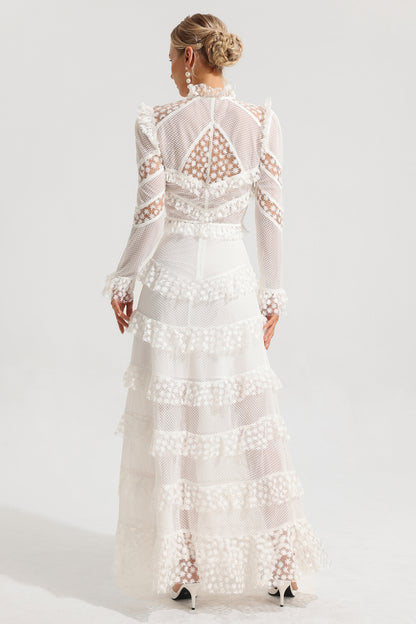 Conjunto de top con mangas abullonadas bordadas y falda larga de cintura media con volantes 