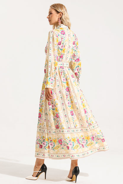 Vestido midi de manga larga con botones florales y cinturón 