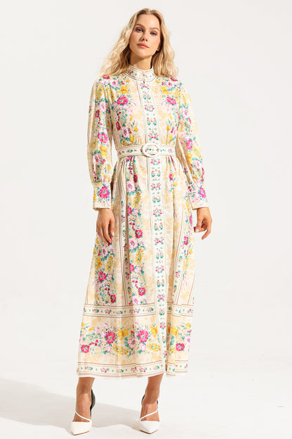 Vestido midi de manga larga con botones florales y cinturón 
