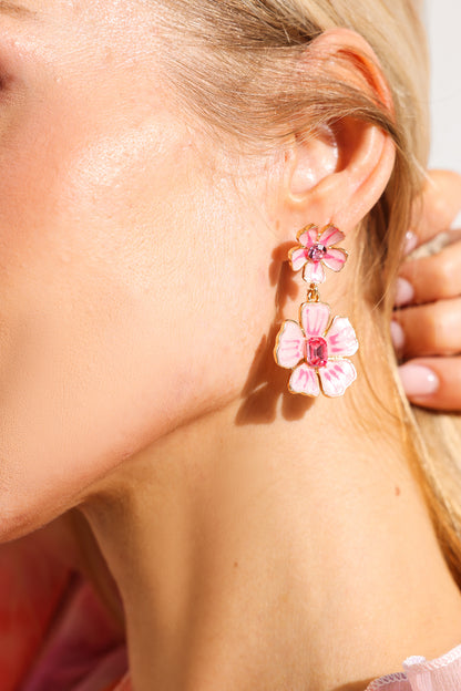 Pendientes colgantes de piedras preciosas de imitación florales esmaltadas 