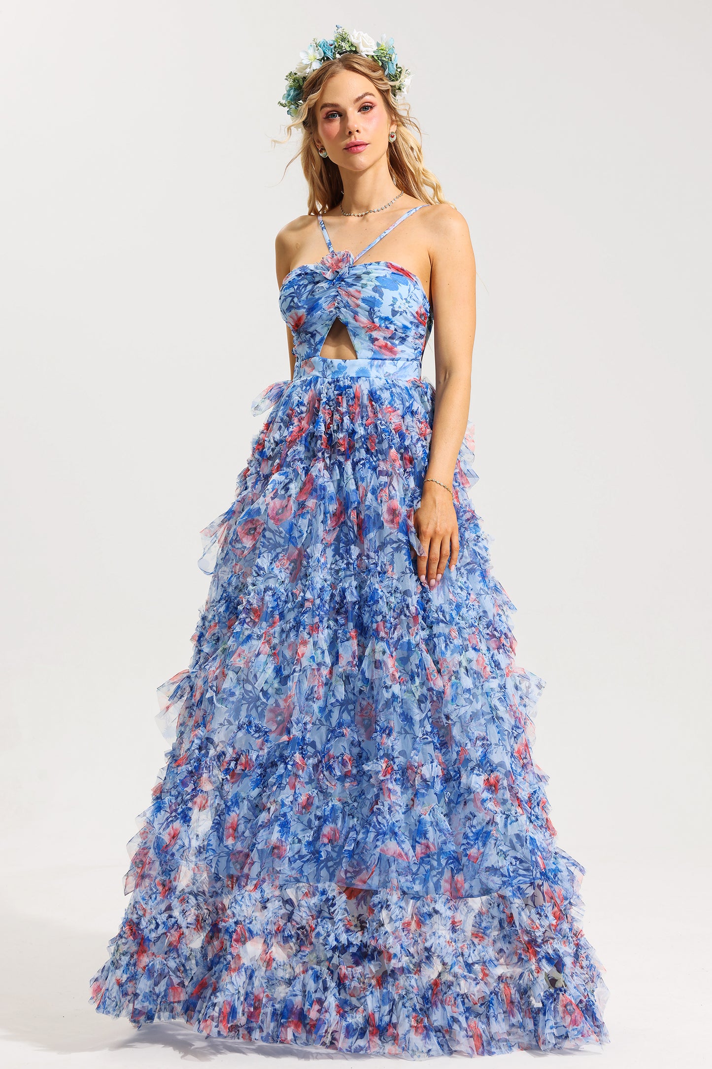 Vestido largo con volantes y cuello halter con estampado floral 3D 