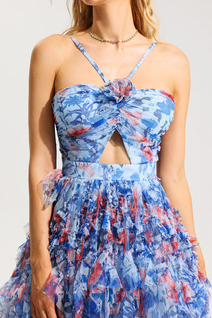 Vestido largo con volantes y cuello halter con estampado floral 3D 