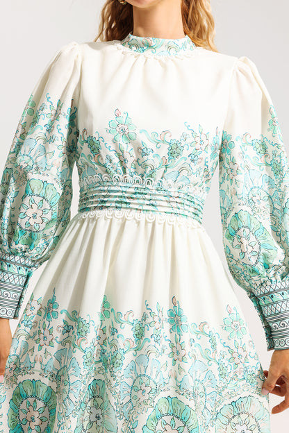 Vestido midi plisado con mangas farol y estampado floral 