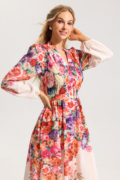 Vestido midi con mangas farol y flores 