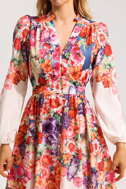 Vestido midi con mangas farol y flores 