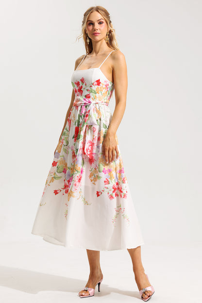 Vestido midi sin mangas con estampado floral y cinturón 