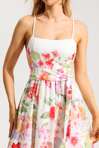 Vestido midi sin mangas con estampado floral y cinturón 