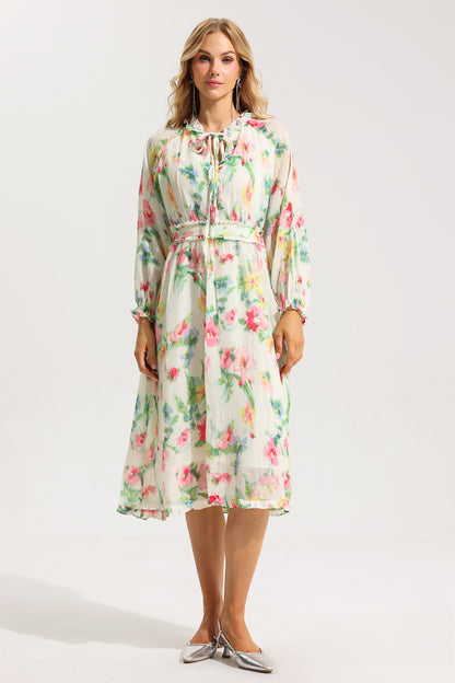 Vestido midi con volantes y encaje floral 