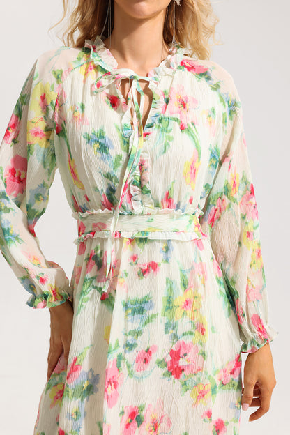 Vestido midi con volantes y encaje floral 