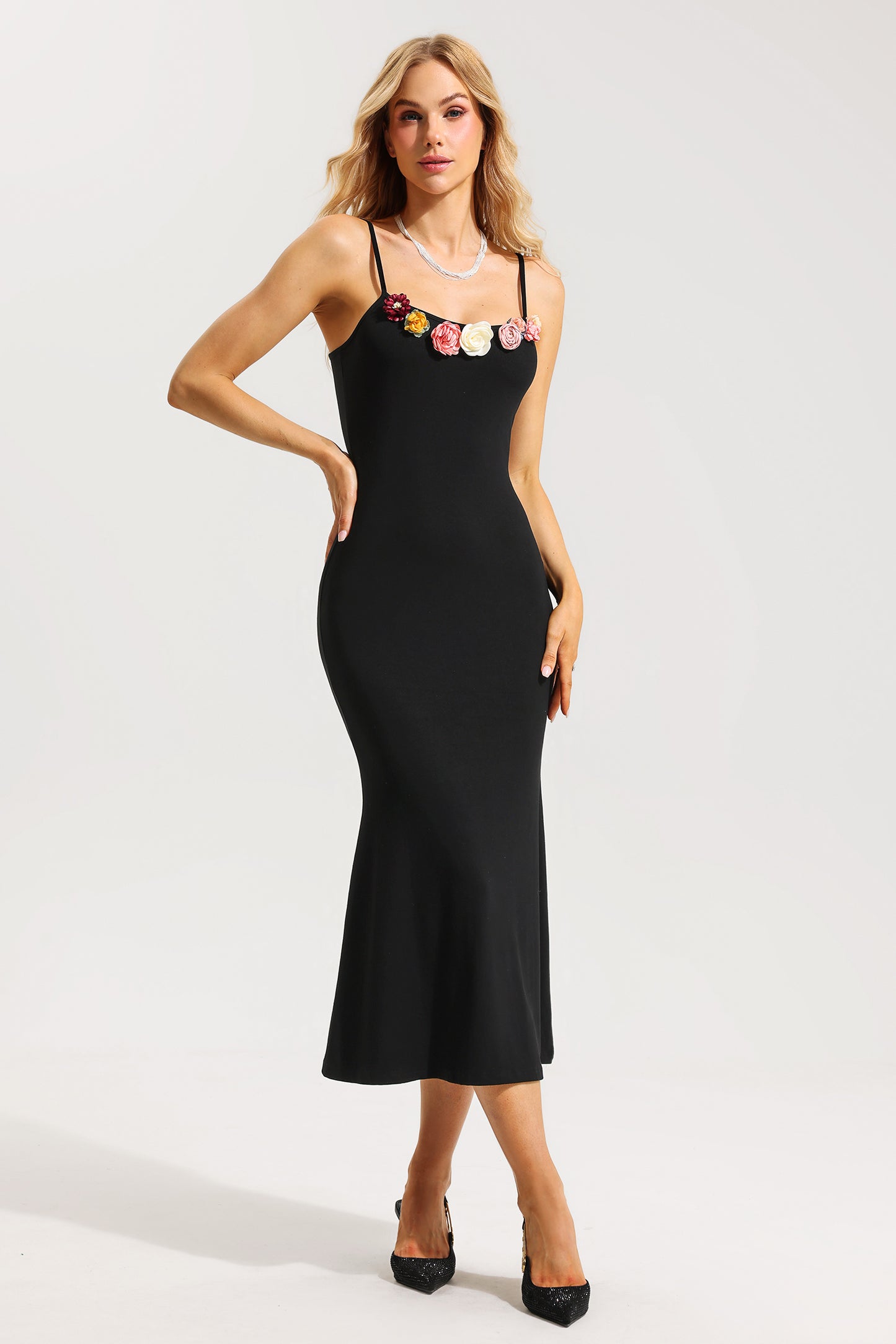 Vestido midi sin mangas de punto con estampado floral 3D 