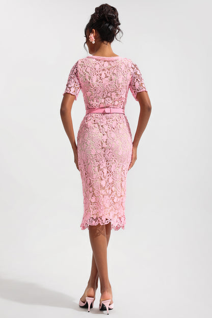 Vestido midi de cuello redondo con bajo de metal y encaje 