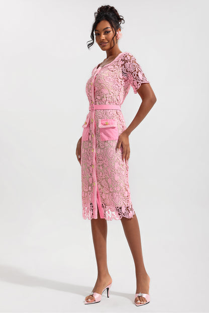 Vestido midi de cuello redondo con bajo de metal y encaje 